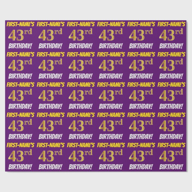 Papier Cadeau Purple, Faux/Imitation Gold, "43e anniversaire" (Plat)