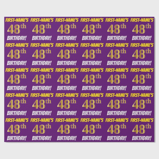 Papier Cadeau Purple, Faux/Imitation Gold, "48e ANNIVERSAIRE" (Plat)