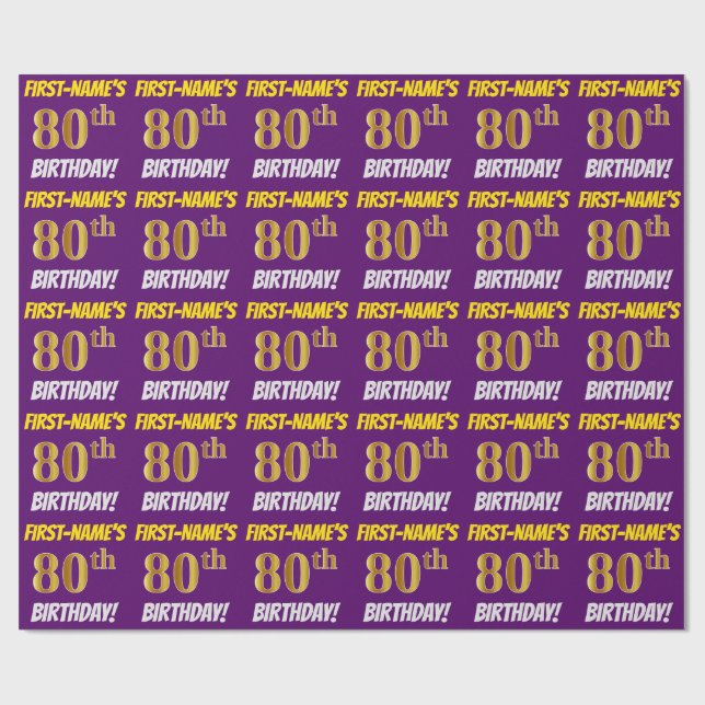 Papier Cadeau Purple, Faux/Imitation Gold, "80e ANNIVERSAIRE" (Plat)