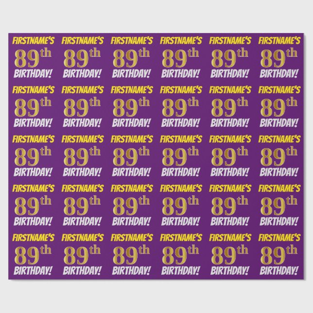 Papier Cadeau Purple, Faux/Imitation Gold, "89e ANNIVERSAIRE" (Plat)