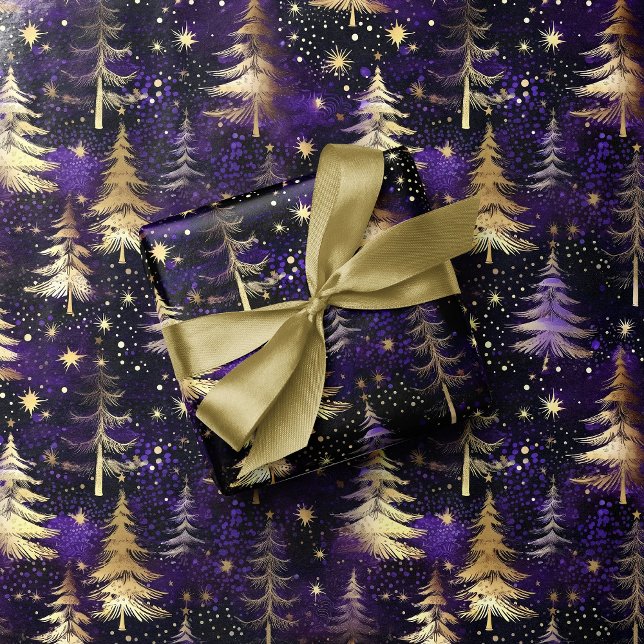 Papier Cadeau Purple & Gold Noël Arbre neige chute de luxe Noël (Créateur téléchargé)
