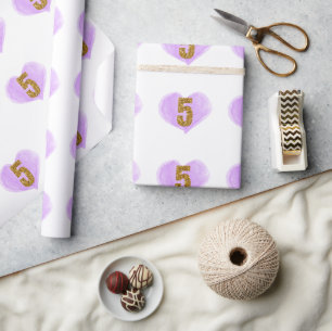 Papier Cadeau Purple Heart Gold Parties scintillant 5e anniversa