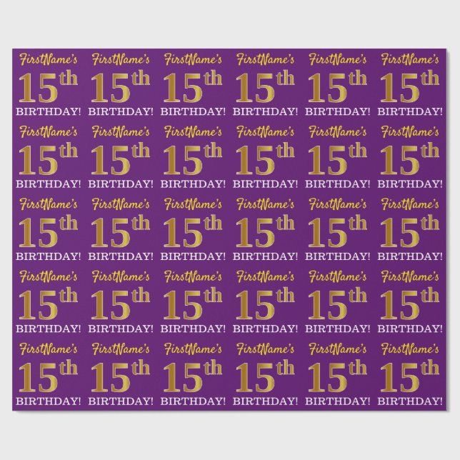 Papier Cadeau Purple, Imitation Gold Look "15ème anniversaire" (Plat)
