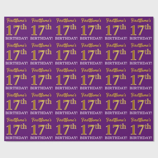 Papier Cadeau Purple, Imitation Gold Look "17ème anniversaire" (Plat)