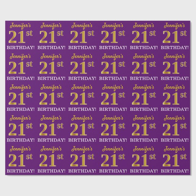 Papier Cadeau Purple, Imitation Gold Look "21ème anniversaire" (Plat)