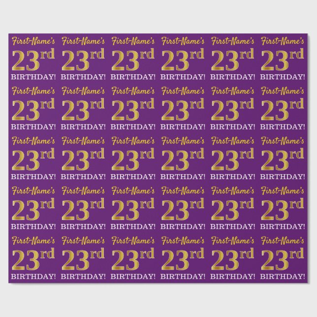 Papier Cadeau Purple, Imitation Gold Look "23ème anniversaire" (Plat)