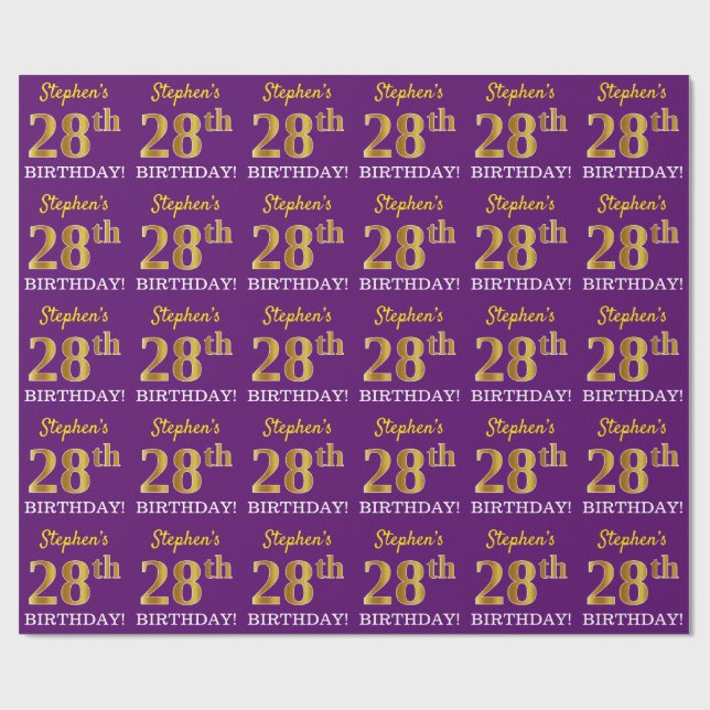 Papier Cadeau Purple, Imitation Gold Look "28ème anniversaire" (Plat)