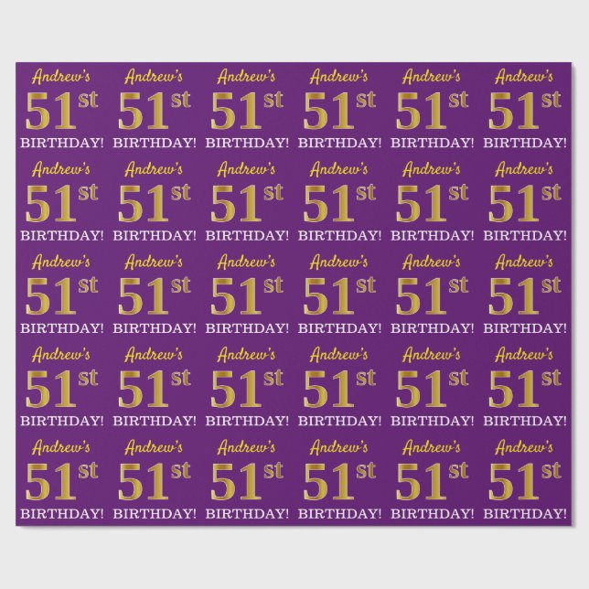 Papier Cadeau Purple, Imitation Gold Look "51ème anniversaire" (Plat)