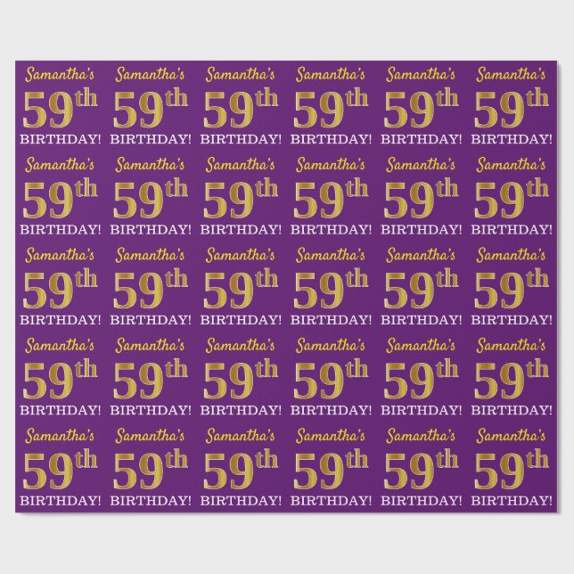 Papier Cadeau Purple, Imitation Gold Look "59ème anniversaire" (Plat)