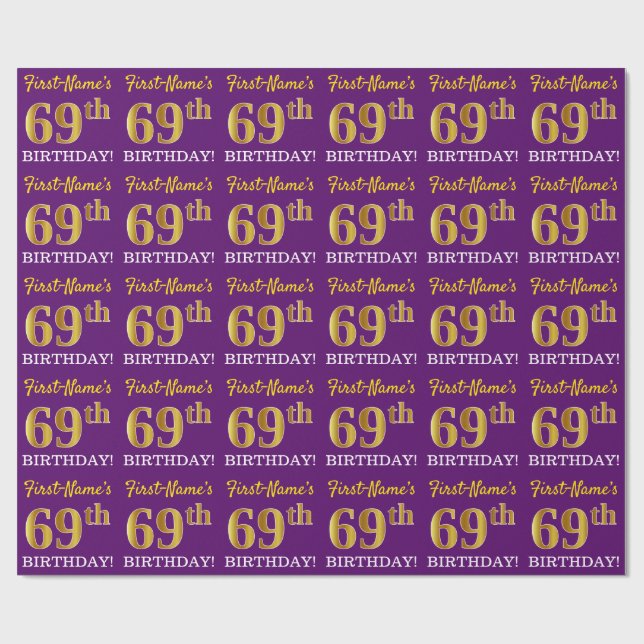 Papier Cadeau Purple, Imitation Gold Look "69ème anniversaire" (Plat)