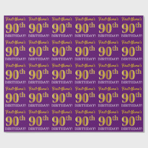 Papier Cadeau Purple, Imitation Gold Look "90ème anniversaire"