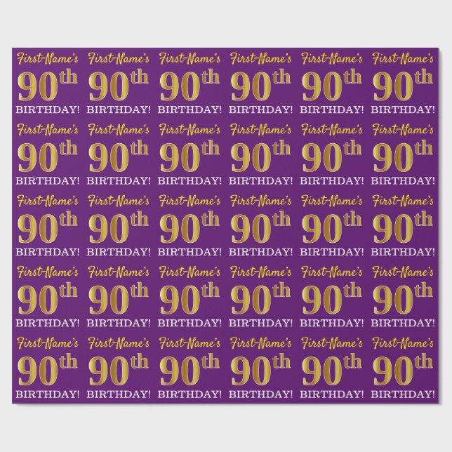 Papier Cadeau Purple, Imitation Gold Look "90ème anniversaire" (Plat)