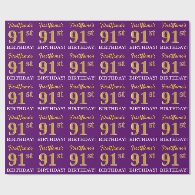 Papier Cadeau Purple, Imitation Gold Look "91ème ANNIVERSAIRE" (Plat)