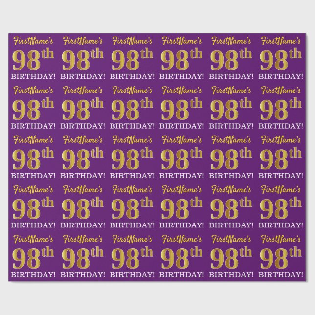 Papier Cadeau Purple, Imitation Gold Look "98ème anniversaire" (Plat)
