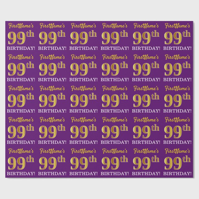 Papier Cadeau Purple, Imitation Gold Look "99ème anniversaire" (Plat)