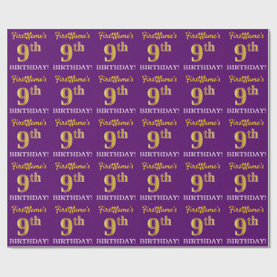 Papier Cadeau Purple, Imitation Gold Look "9e anniversaire"