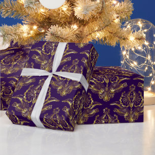 Papier Cadeau Purple & Métallurgique Look Floral Damas Motif