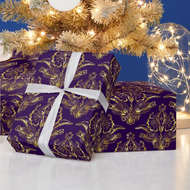 Papier Cadeau Purple & Métallurgique Look Floral Damas Motif (Vacances)