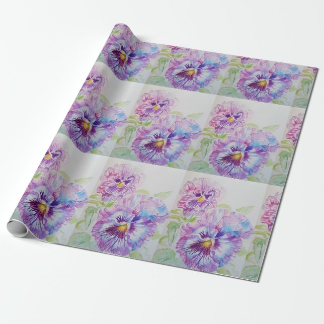 Papier Cadeau Purple Pansy fleurs florales Aquarelle (Déroulé)