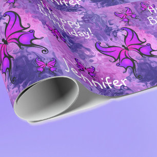 Papier Cadeau Purple Personnaliser Nom Papillon Rouleau d'annive