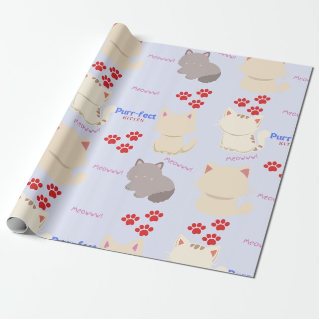 Papier Cadeau Purr-fect Kitten Cute Cats et Empreintes de pattes (Déroulé)
