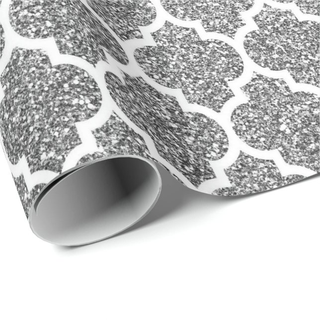 Papier Cadeau Quatrefoil Blanc Art Déco Gris Parties scintillant (Coin rond)