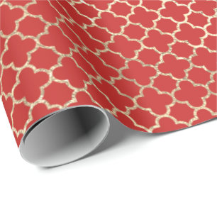 Papier Cadeau Quatrefoil Bride Rouge Bright Art Déco Faux Or