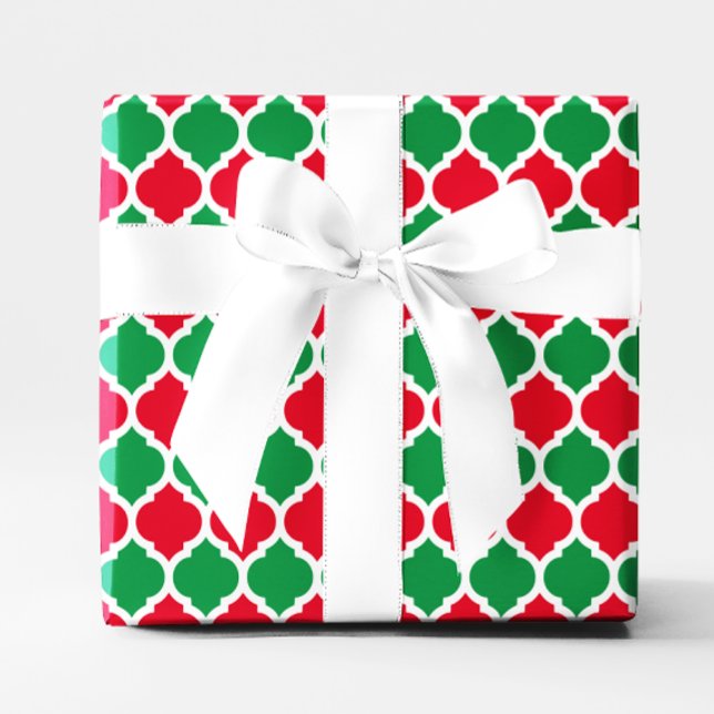 Papier Cadeau Quatrefoil de Noël vert et rouge brillant (Bright Red and Green Christmas Quatrefoil Wrapping Paper)