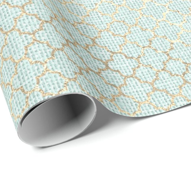 Papier Cadeau Quatrefoil Foxier Gold Mint Green Pastel Linen (Coin rond)