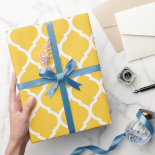 Papier Cadeau Quatrefoil Marocain jaune et blanc