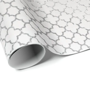 Papier Cadeau Quatrefoil Silver Glam Art Déco Blanc brillant