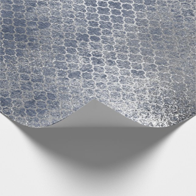 Papier Cadeau Quatrefoil Silver Glam Bleu Distressed Argent (Coin)