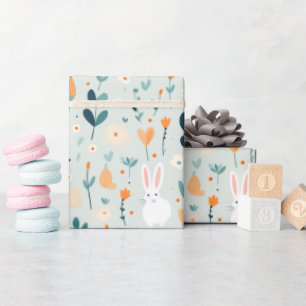 Papier Cadeau Rabbit Spring Bleu Et Orange Pastel