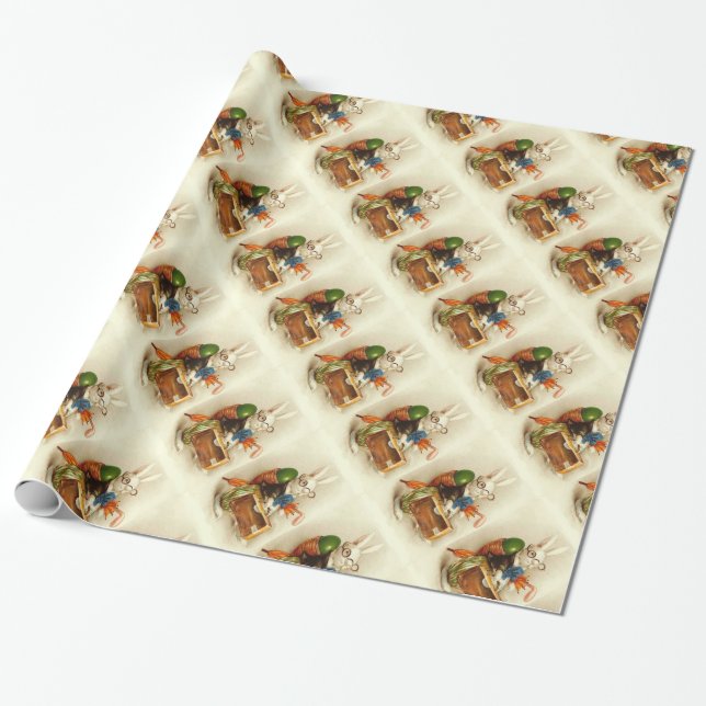 PAPIER CADEAU RABIT BLANC VOYAGEANT AVEC OEUF DE PÂQUES (Déroulé)