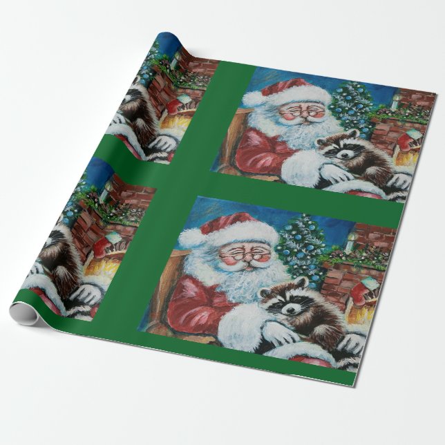 Papier Cadeau Raccoon dormant et Père Noël (Déroulé)