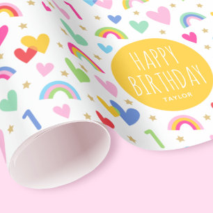 Papier Cadeau Rainbow Hearts 1er anniversaire Personnalisé Nom J