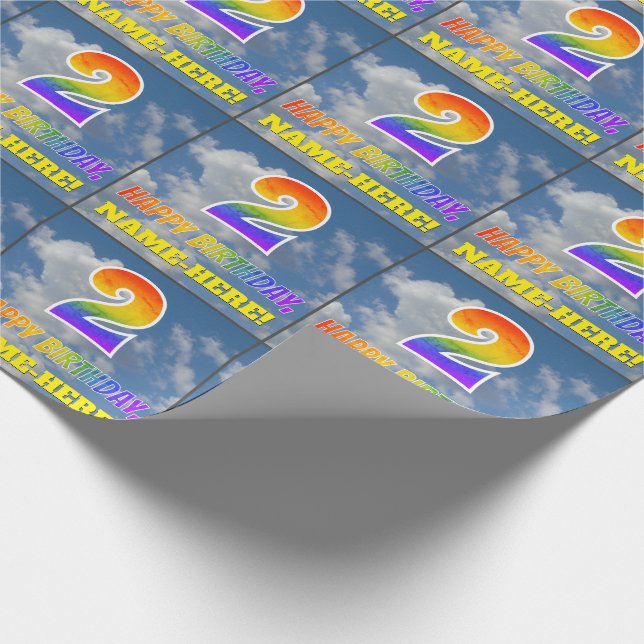 Papier Cadeau Rainbow Look "2" & "HEUREUX ANNIVERSAIRE", Nuages, (Coin)