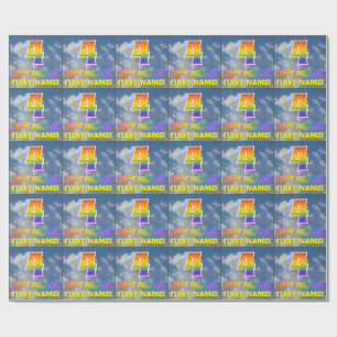 Papier Cadeau Rainbow Look "4" & "HEUREUX ANNIVERSAIRE", Nuages,
