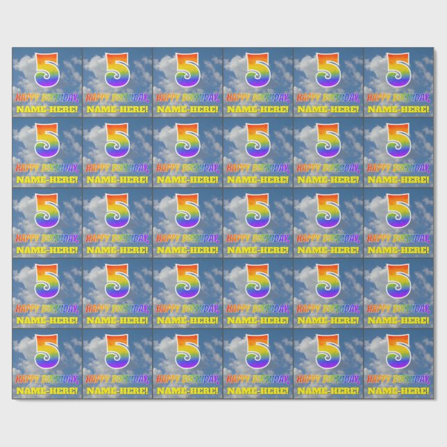 Papier Cadeau Rainbow Look "5" & "HEUREUX ANNIVERSAIRE", Nuages, (Plat)