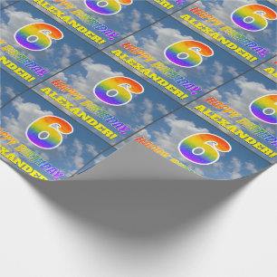 Papier Cadeau Rainbow Look "6" & "HEUREUX ANNIVERSAIRE", Nuages,