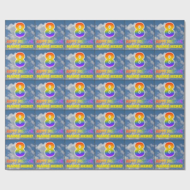 Papier Cadeau Rainbow Look "8" & "HEUREUX ANNIVERSAIRE", Nuages, (Plat)