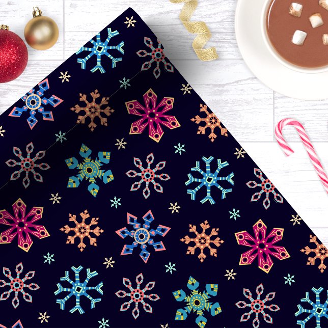 Papier Cadeau Rainbow Snowflakes Navy Blue Christmas (Créateur téléchargé)