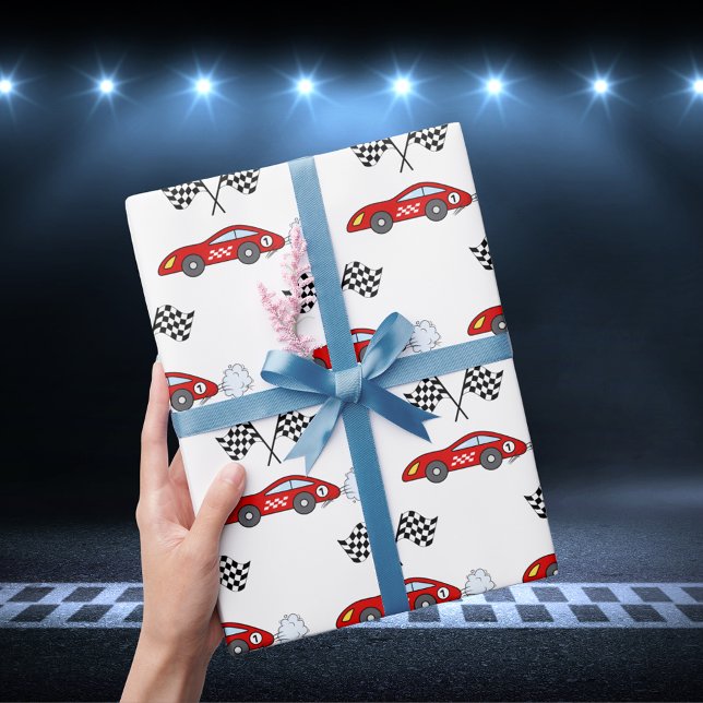 Papier Cadeau Rapide un rouge voiture de course rétro à damiers  (Créateur téléchargé)