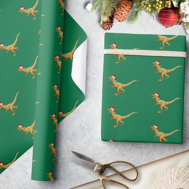 Papier Cadeau Rapporteure de dinosaures de Noël (Christmas dinosaur velociraptor Santa pattern green wrapping paper Cute raptor dino pattern)