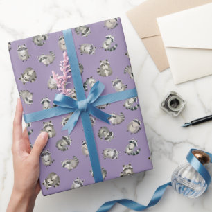 Papier Cadeau Ratons laveurs à l'aquarelle jetés sur fond violet