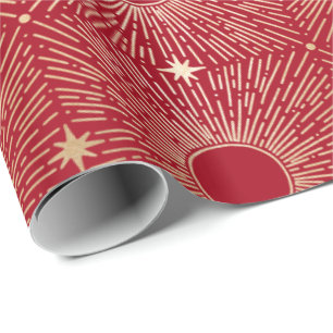 Papier Cadeau Rayons de soleil, Étoiles, Astrologique, Or, Rouge