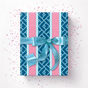 Papier Cadeau Rayure Chippendale en rose et bleu aqua profond