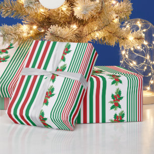 Papier Cadeau Rayures Classiques avec Houx