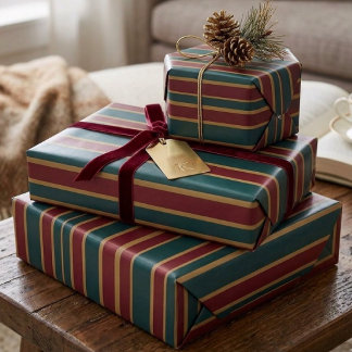 Papier Cadeau Rayures de bonbons de Noël vert rouge et or