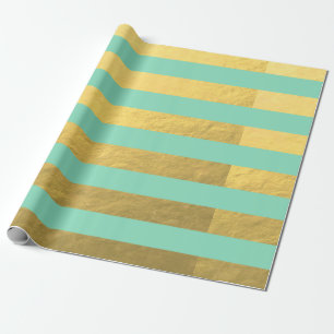 Papier Cadeau Rayures de menthe et de feuille d'or imprimées